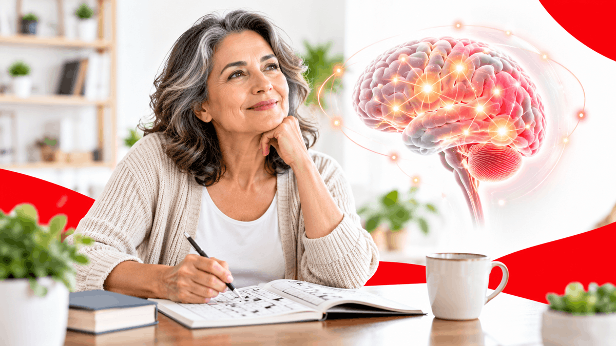 Adulto cuidando su memoria y salud cerebral durante el envejecimiento, con ilustración de conexiones neuronales y hábitos de bienestar cognitivo.