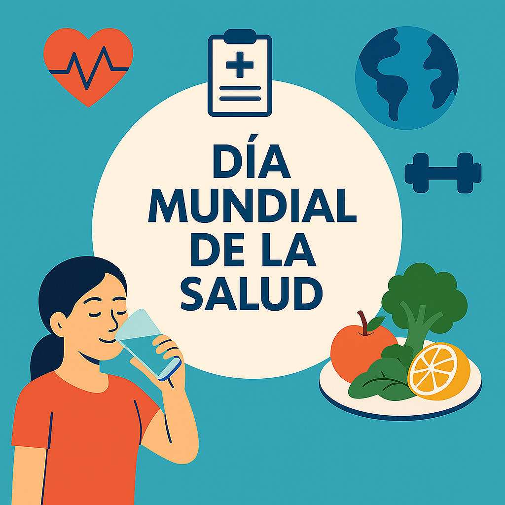 Ilustración sobre el Día Mundial de la Salud con íconos de bienestar, actividad física, hidratación y alimentación saludable.