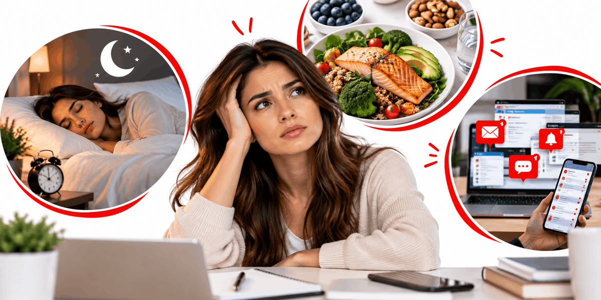Mujer agotada entre sueño, nutrición y pantallas