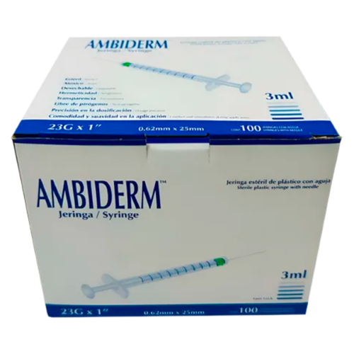 Jeringa Azul 3 Ml Ambiderm 22 G X 32 Mm Con 100 Piezas