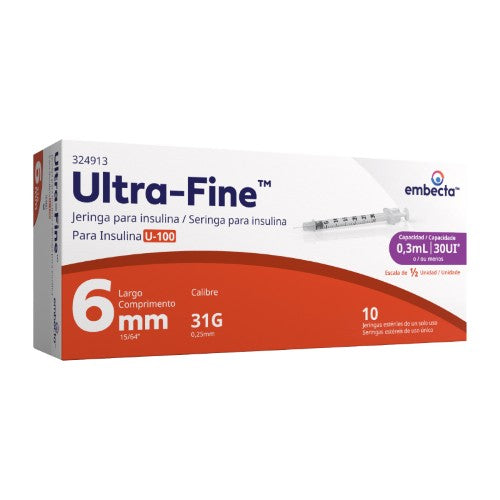 Jeringa Ultra Fine Insulina 0.3 Ml 31 G X 6 Mm Con 10