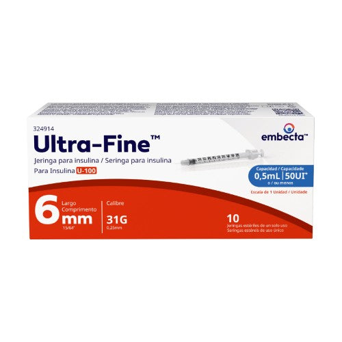 Jeringa Ultra Fine Insulina 0.5 Ml 31 G X 6 Mm Con 10