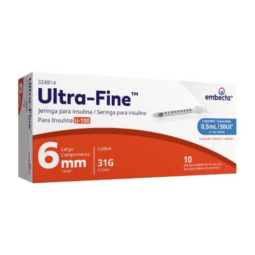 Jeringa Ultra Fine Insulina 0.5 Ml 31 G X 6 Mm Con 10