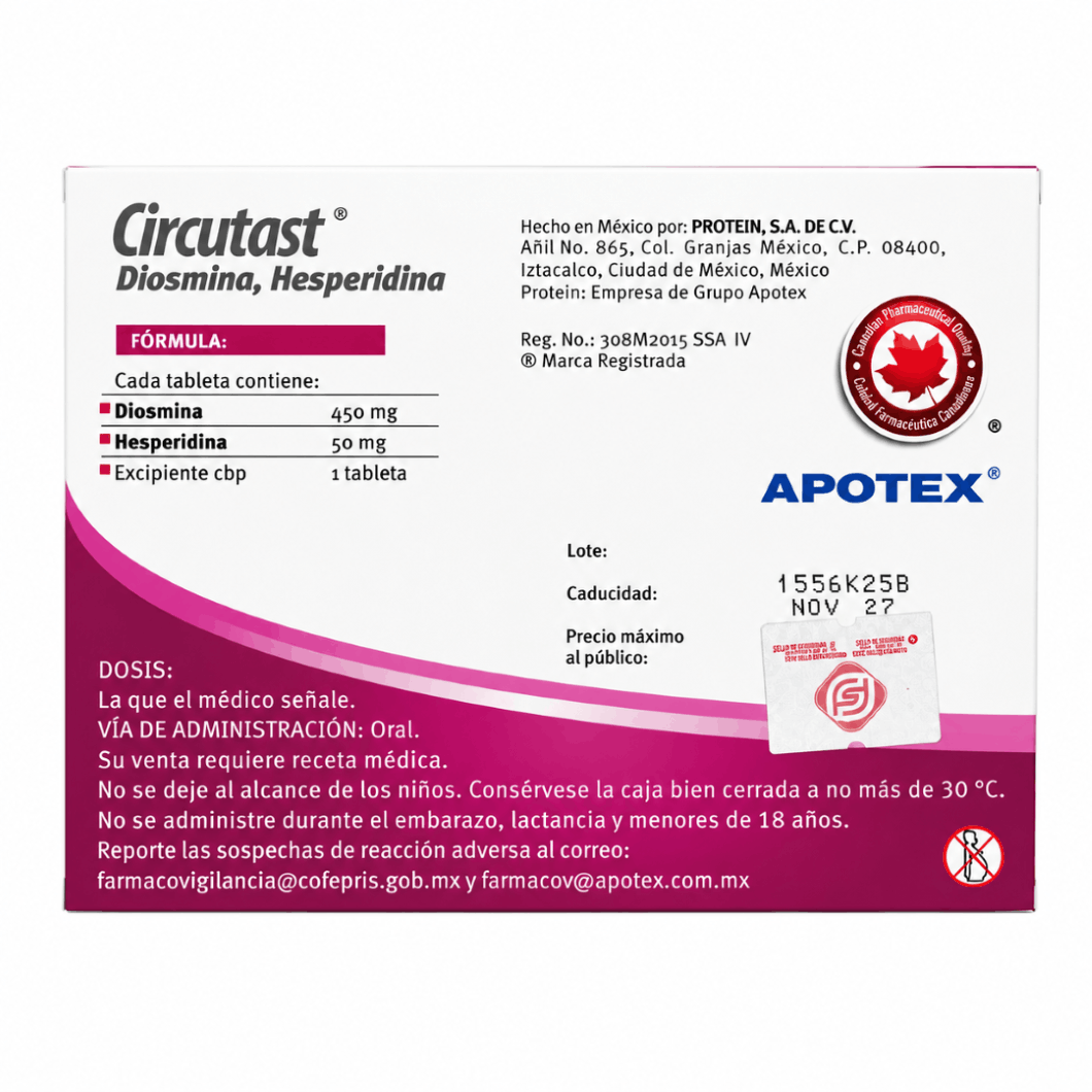 Circutast (Diosmina/Hesperidina) 450/50 Mg Con 20 Tabletas