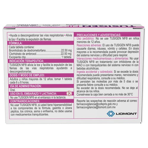 Tusigen Nf (Ambrosol/Dextrometorfano) Con 20 Tabletas