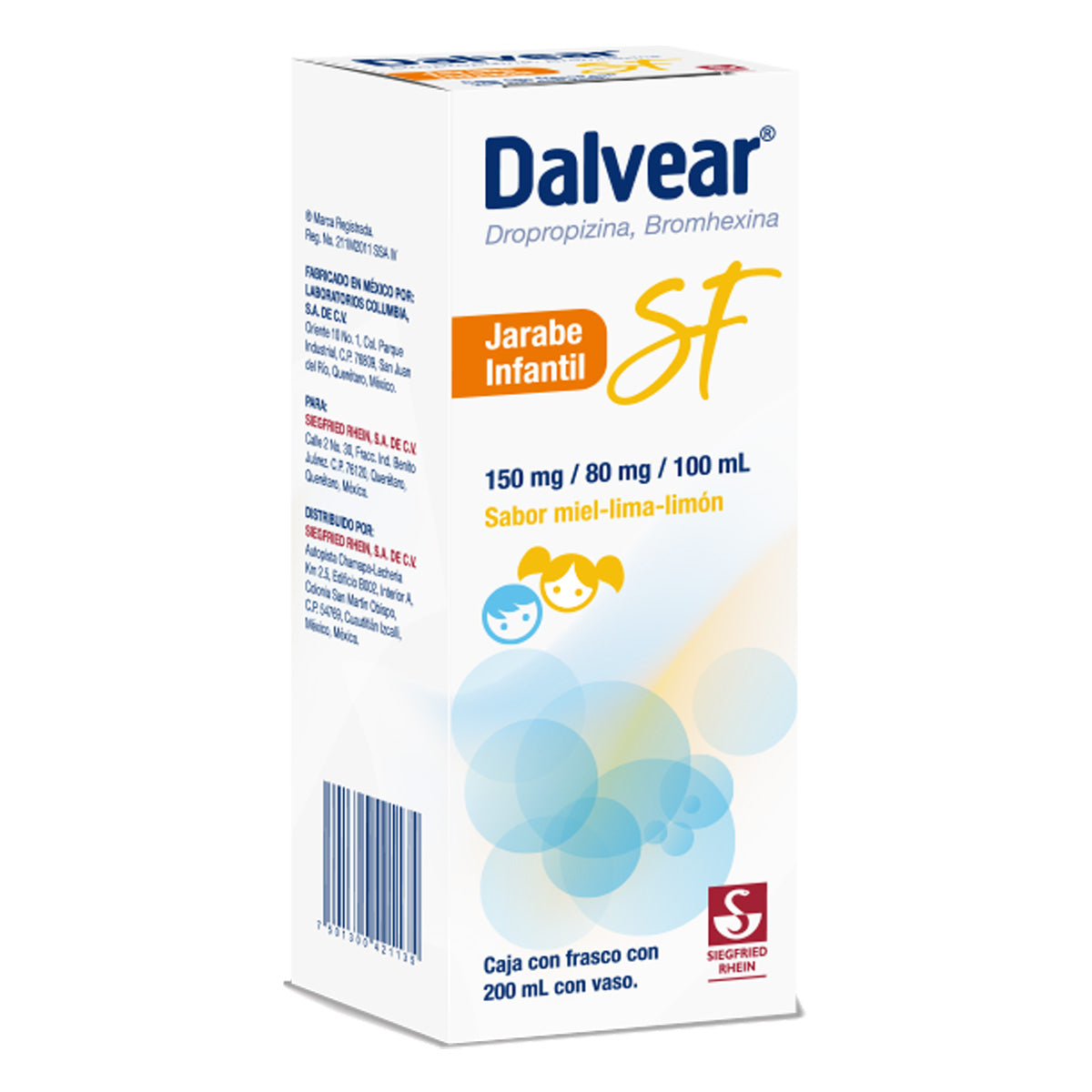 Dalvear Sf Infantil 150 Mg / 80 Mg - Jarabe Sabor Miel Y Lima Limón 200 Ml (Dropropizina Y Bromhexin