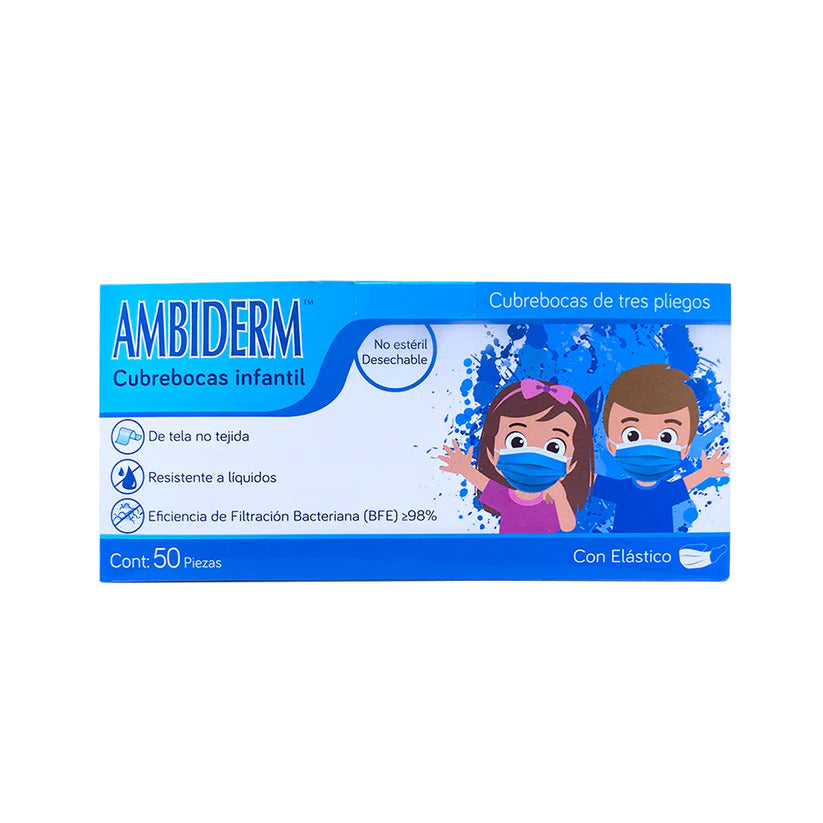 Cubrebocas Plisado Infantil Azul Con 50 (Ambiderm)