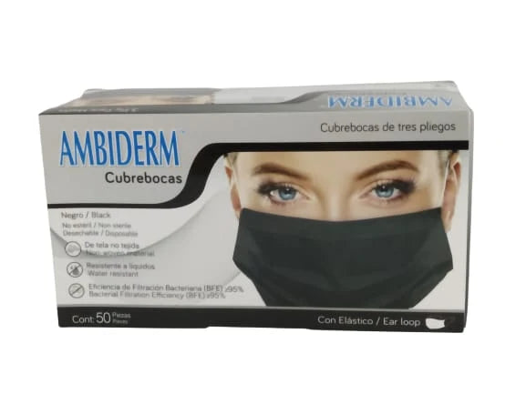 Cubre Bocas Negro 3 Pliegos Ambiderm Con 50 Piezas