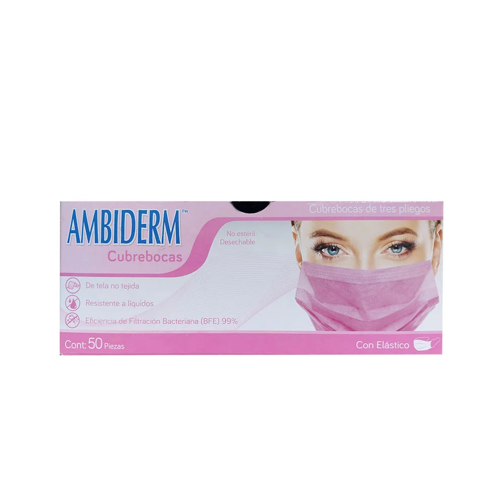 Cubre Bocas Rosa Con 50 Piezas Ambiderm