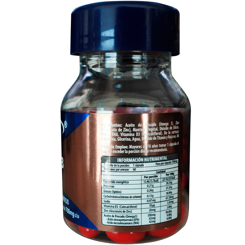 Zinc Vitamina D3 Con Omega 3 700 Mg Con 60 Capsulas
