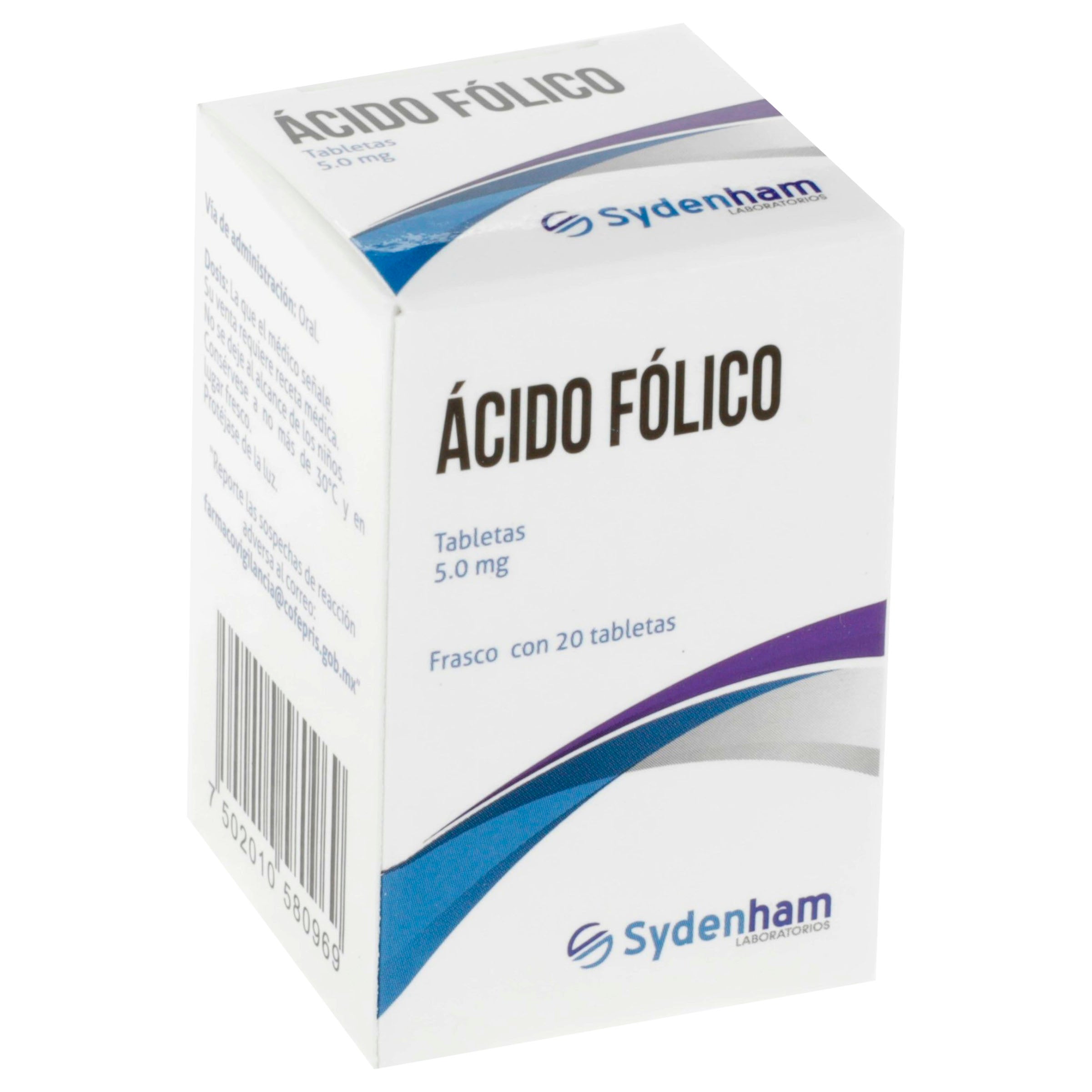 Acido Folico 5 Mg Frasco Con 20 Tabletas Sydenham 7502010580969