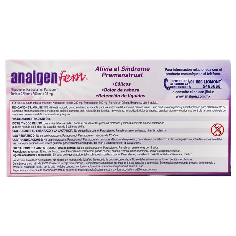 Analgen Fem 220/300/25 Mg Con 12 Tabletas 7501299308851 perfil 2