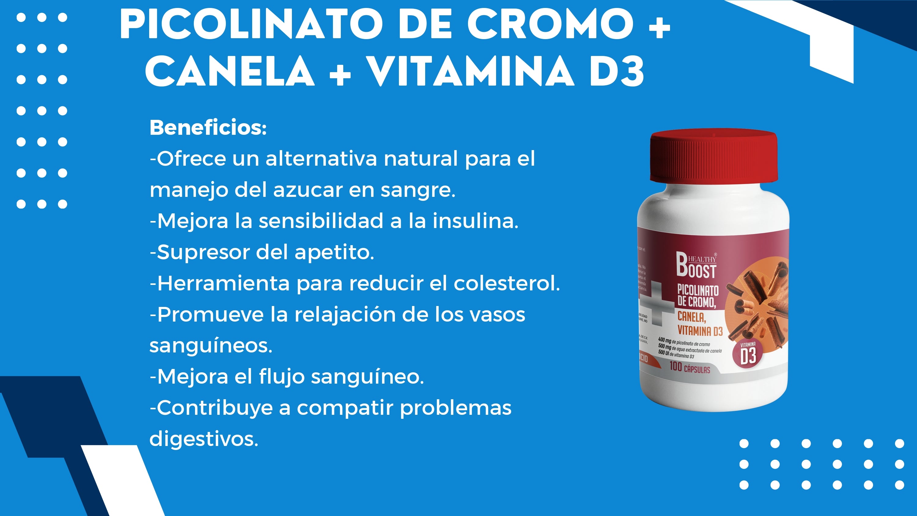 Picolinato De Cromo 400 Mcg+Canela+ Vit D3 Con 100 Capsulas Healthy Boost