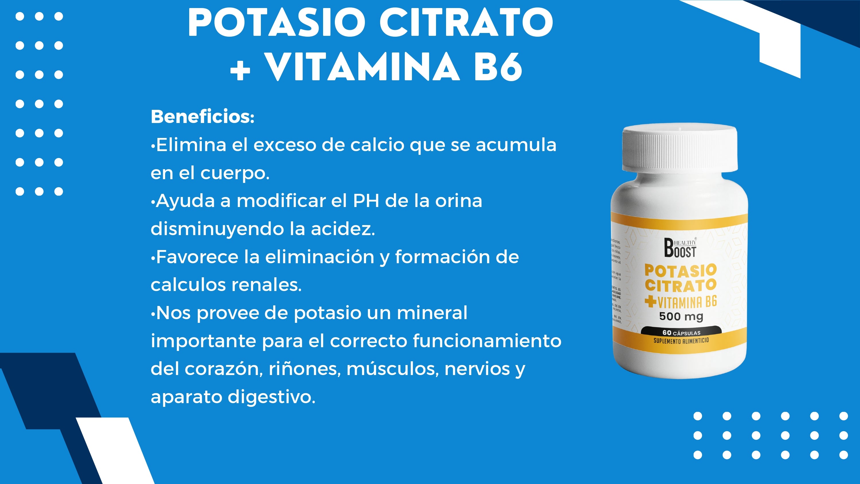 Citrato De Potasio 500 Mg + Vitamina B6 Con 60 Capsulas Healthy Boost