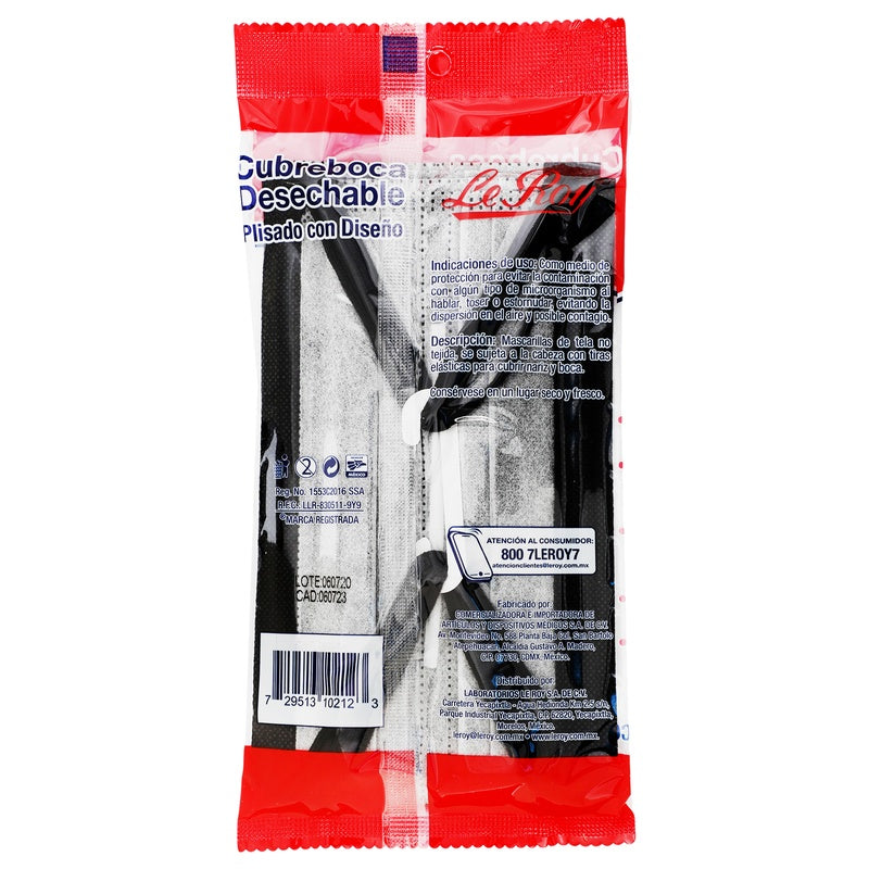 Cubrebocas Plisado Le Roy Plisado Negro Con 5 Piezas 729513102123