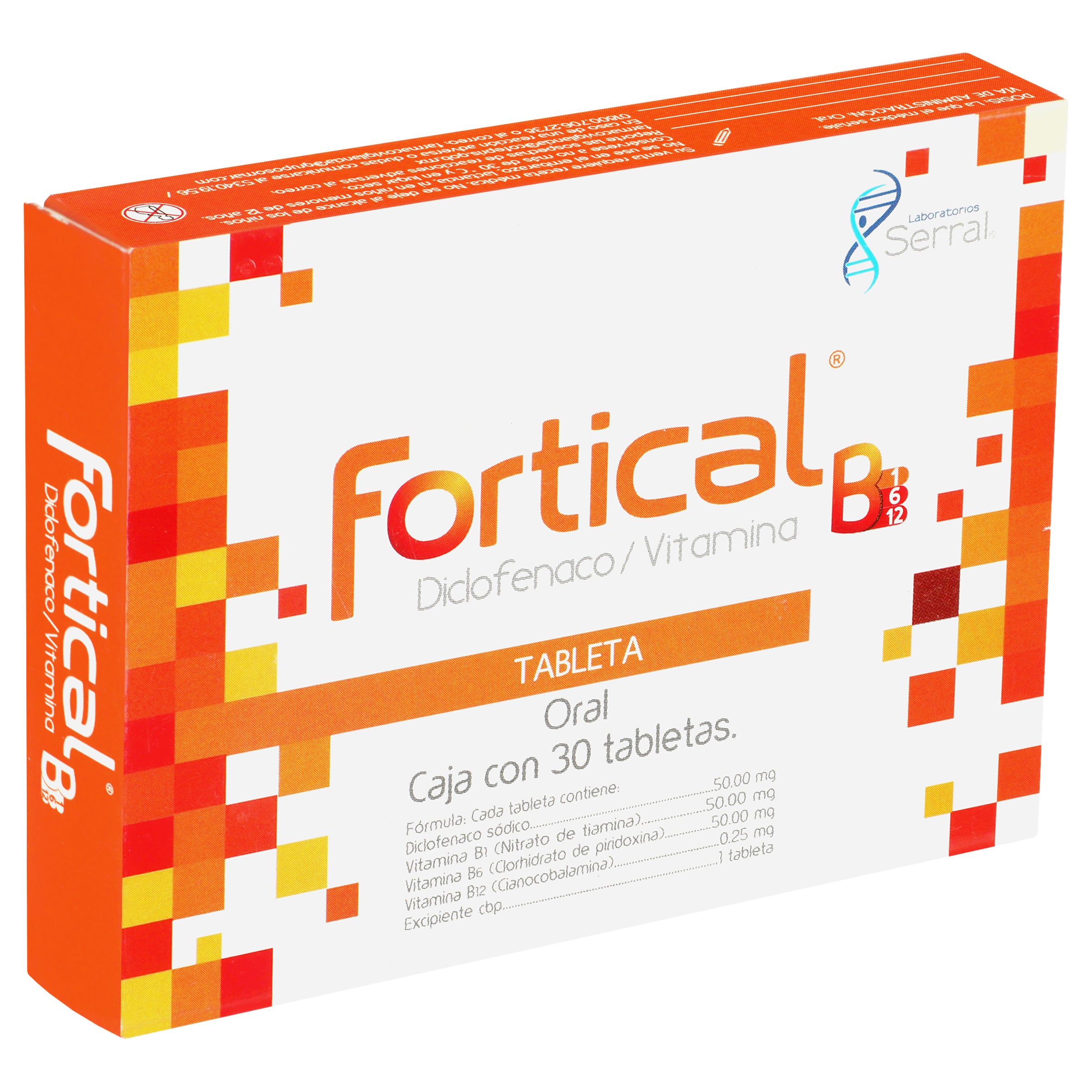 Fortical (Diclofenaco/Vitaminas) Con 30 Tabletas 7501258205092 costado 1