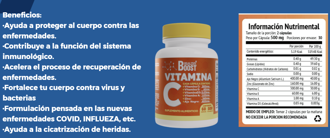 Vitamina C 300 Mg +Vitamina E, A,D3,Zinc Ajo Negro Con 60 Capsulas Healthy Boost