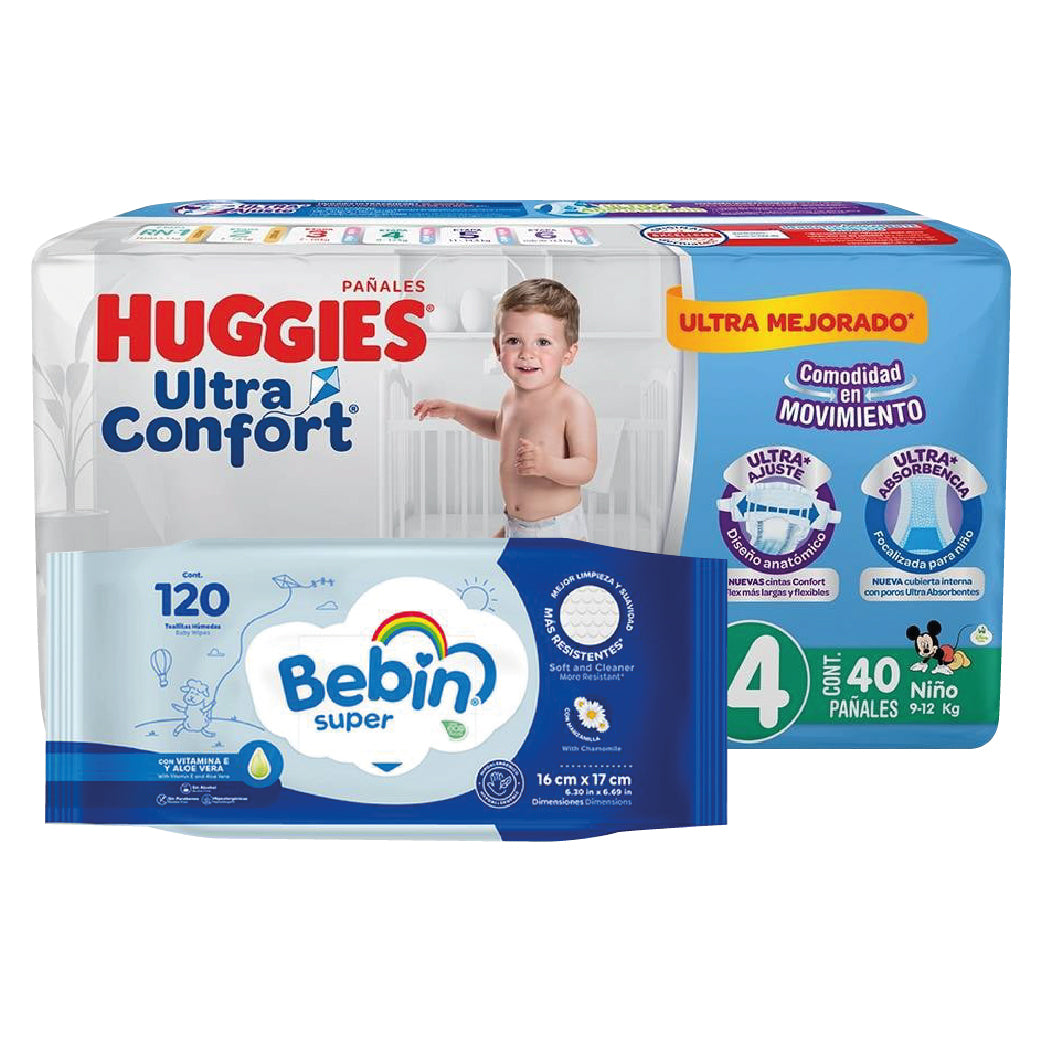 Pañal Huggies Ultraconfort Etapa 4 Niño C/40+Tas Hum Bebin Super C/120 Pzas