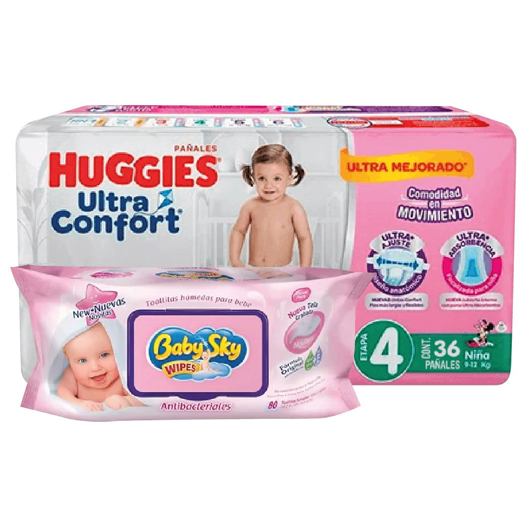 Pañal Huggies Ultraconfort Etapa 4 Niña C/36+Tas Hum Baby Sky Rosa Antibac C/80