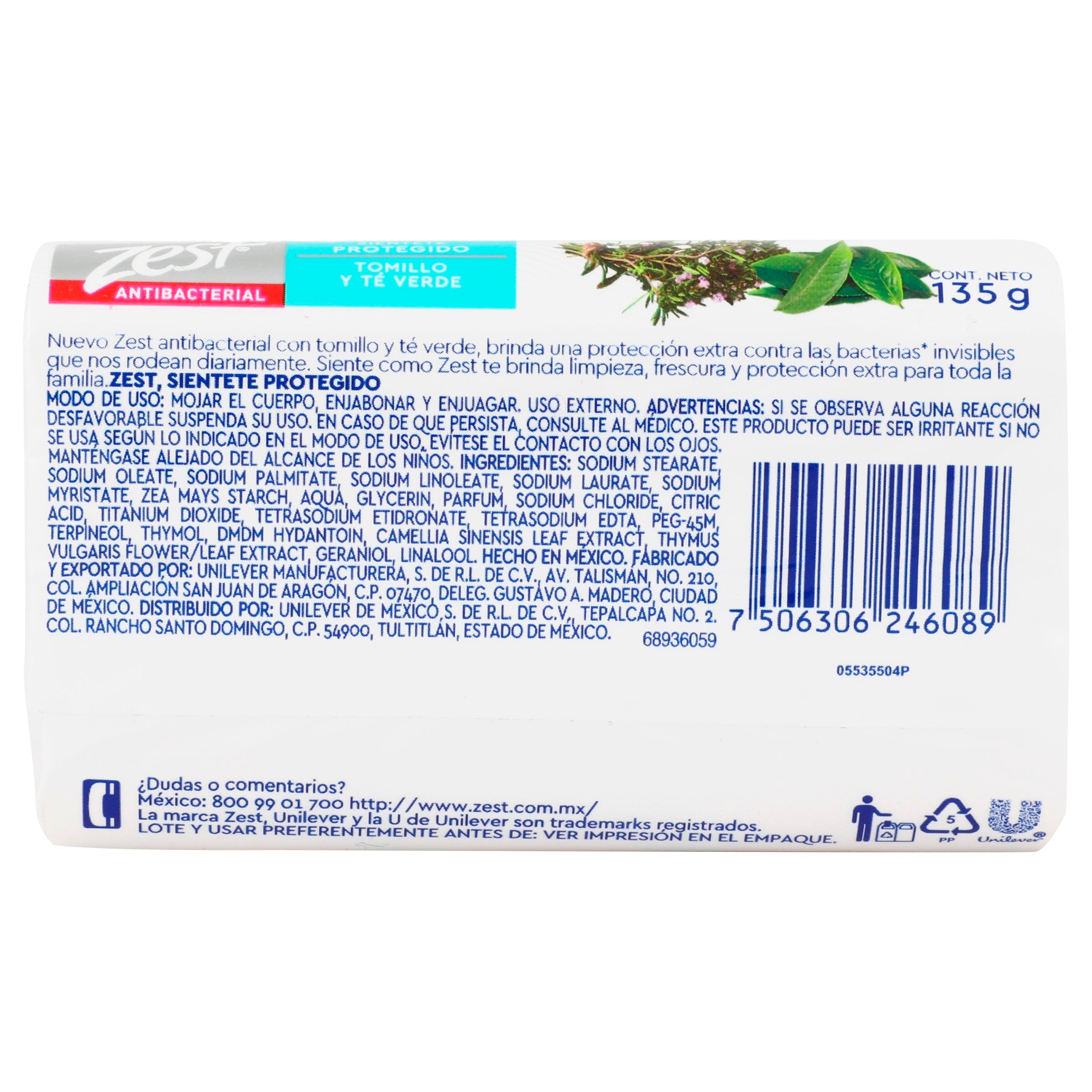 Jabon Zest Antibacterial Tomillo Y Te Verde 135 G