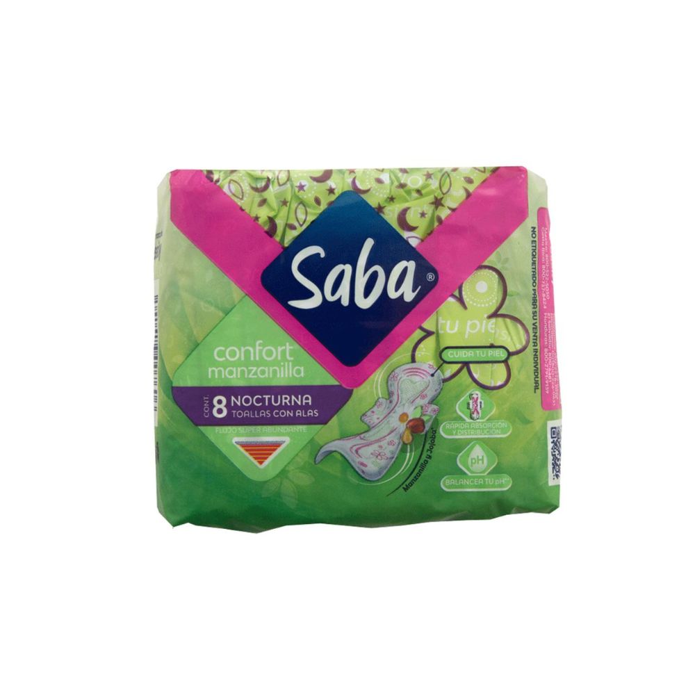 Toallas Sanitarias Saba Confort Manzilla Nocturna Con Alas 8Piezas