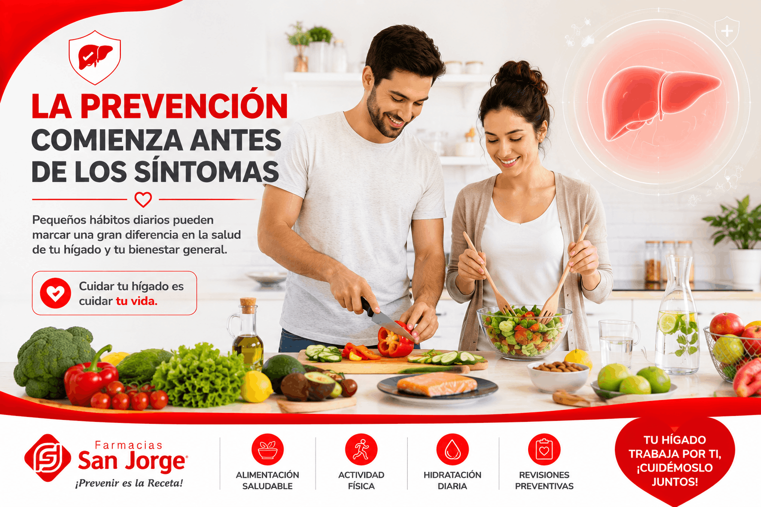 Familia preparando alimentos saludables para prevenir enfermedades del hígado durante el Día Mundial contra la Hepatitis, con ilustración del hígado y ambiente limpio que promueve la salud hepática.
