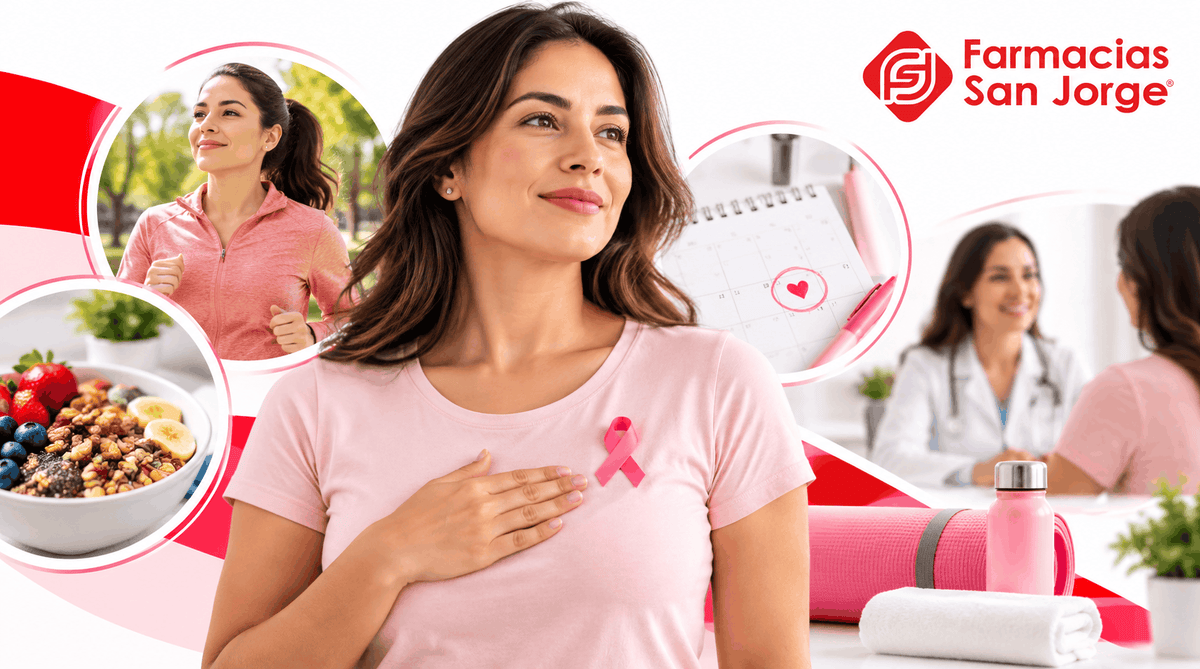 Mujer adulta consciente del cuidado de su salud mamaria y prevención del cáncer de mama, imagen de Farmacias San Jorge.