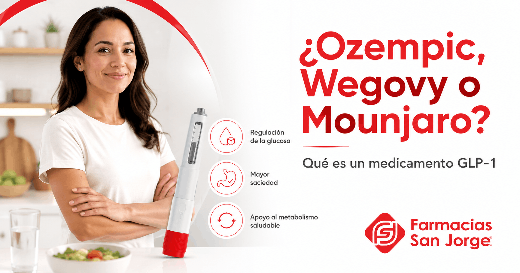 Comparativa visual de Ozempic, Wegovy y Mounjaro para explicar qué son los medicamentos GLP-1 y su relación con glucosa, saciedad y salud metabólica.