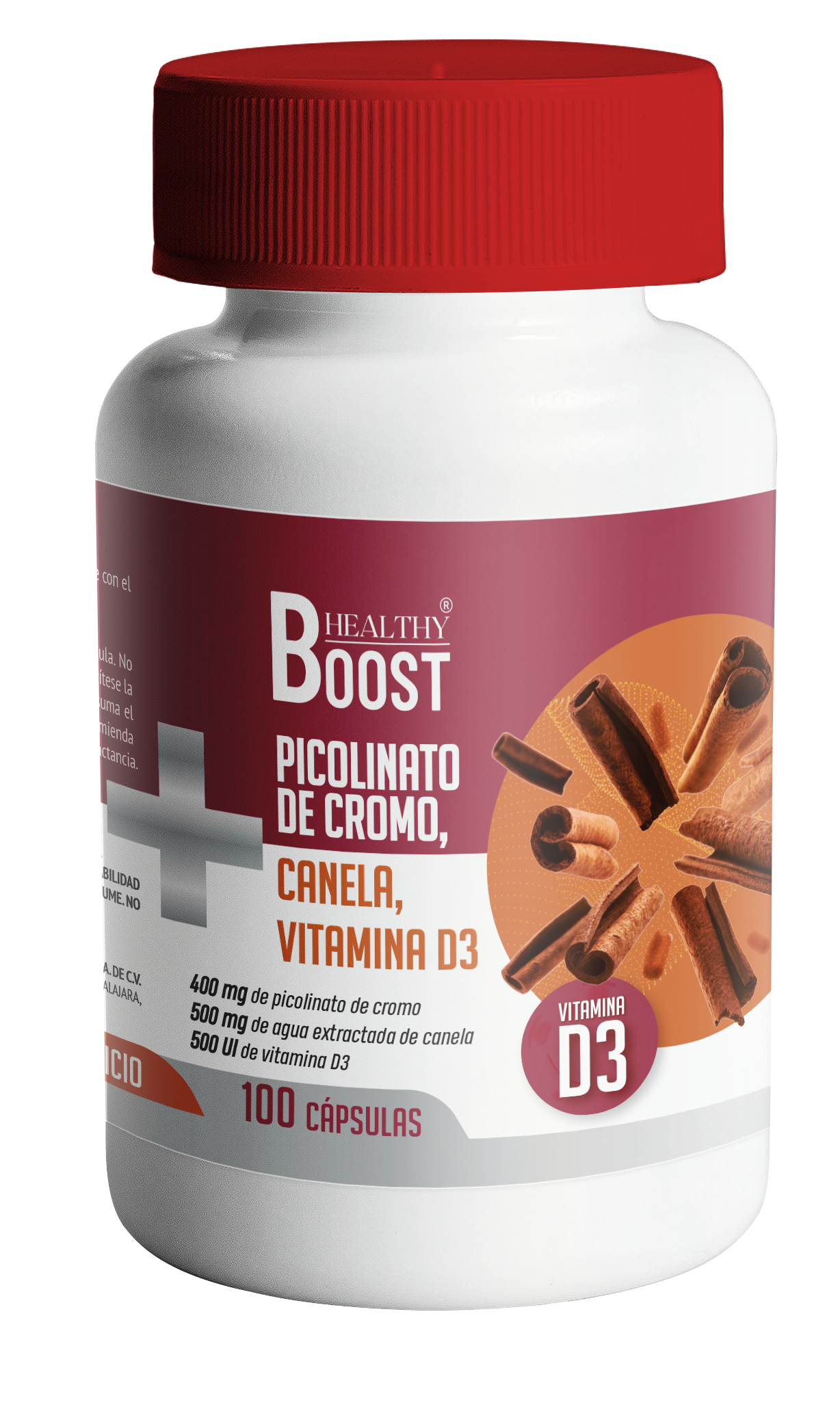 Picolinato De Cromo 400 Mcg+Canela+ Vit D3 Con 100 Capsulas Healthy Boost