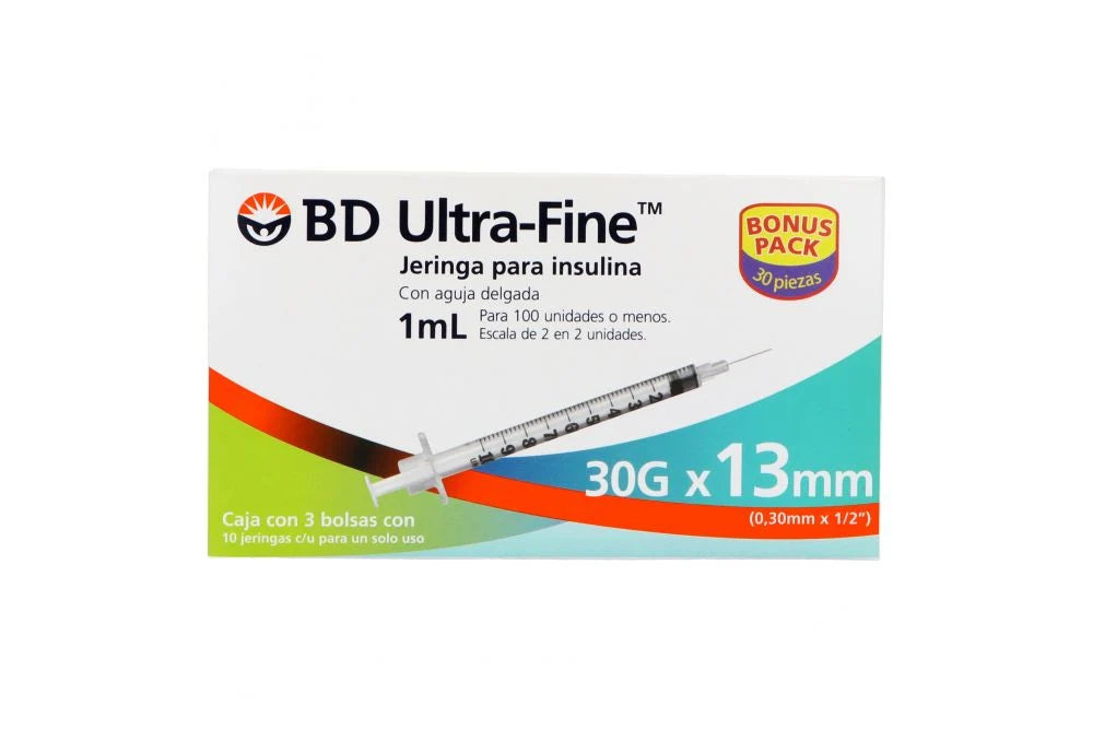 Jeringa 1 Ml Bd Insulina 30 G X 13 Mm Con 30 Piezas