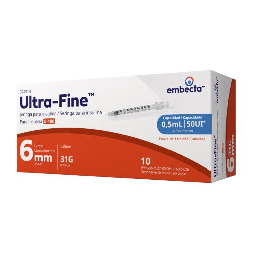 Jeringa Ultra Fine Insulina 0.5 Ml 31 G X 6 Mm Con 10