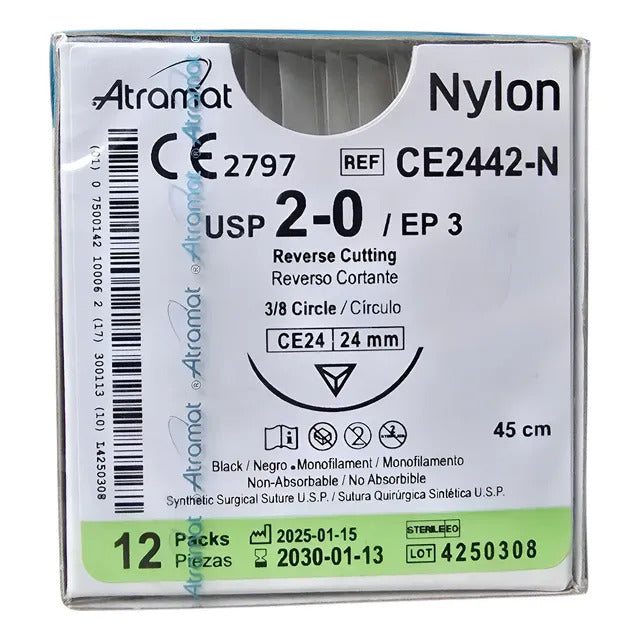 Nylon 2-0 Ce2442-N 3/8 24 Mm 45 Cm Caja Con 12 Piezas Atramat