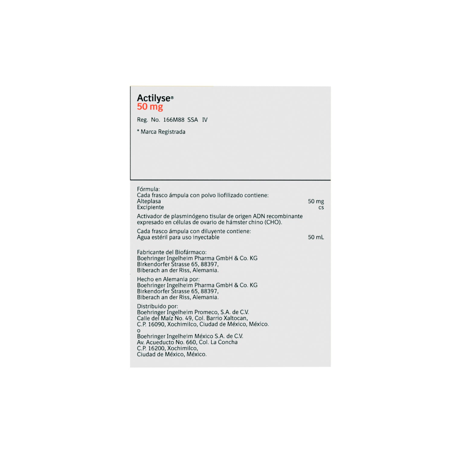 Actilyse (Alteplasa) 50 Mg Con 2 Frascos Ampula De 50 Ml