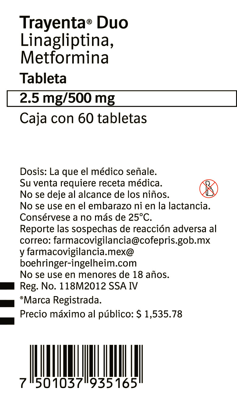 Trayenta Duo 2.5/500 Mg Con 60 Tabletas