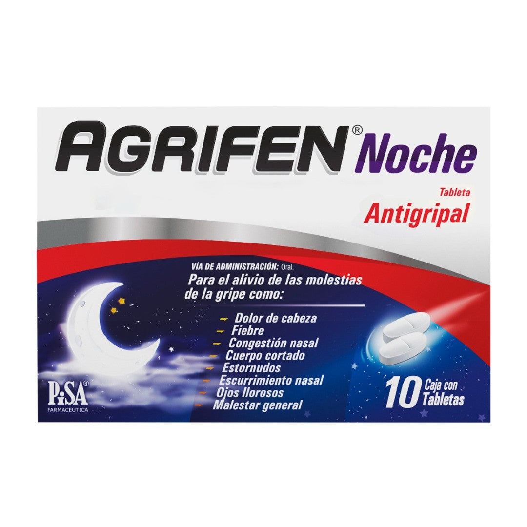 Agrifen (Paracetamol,Fenilefrina, Clorfenamina) Noche 500/5/4 Mg Con 10 Tabletas