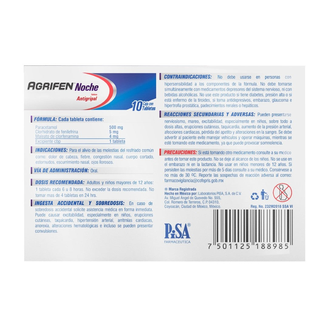 Agrifen (Paracetamol,Fenilefrina, Clorfenamina) Noche 500/5/4 Mg Con 10 Tabletas
