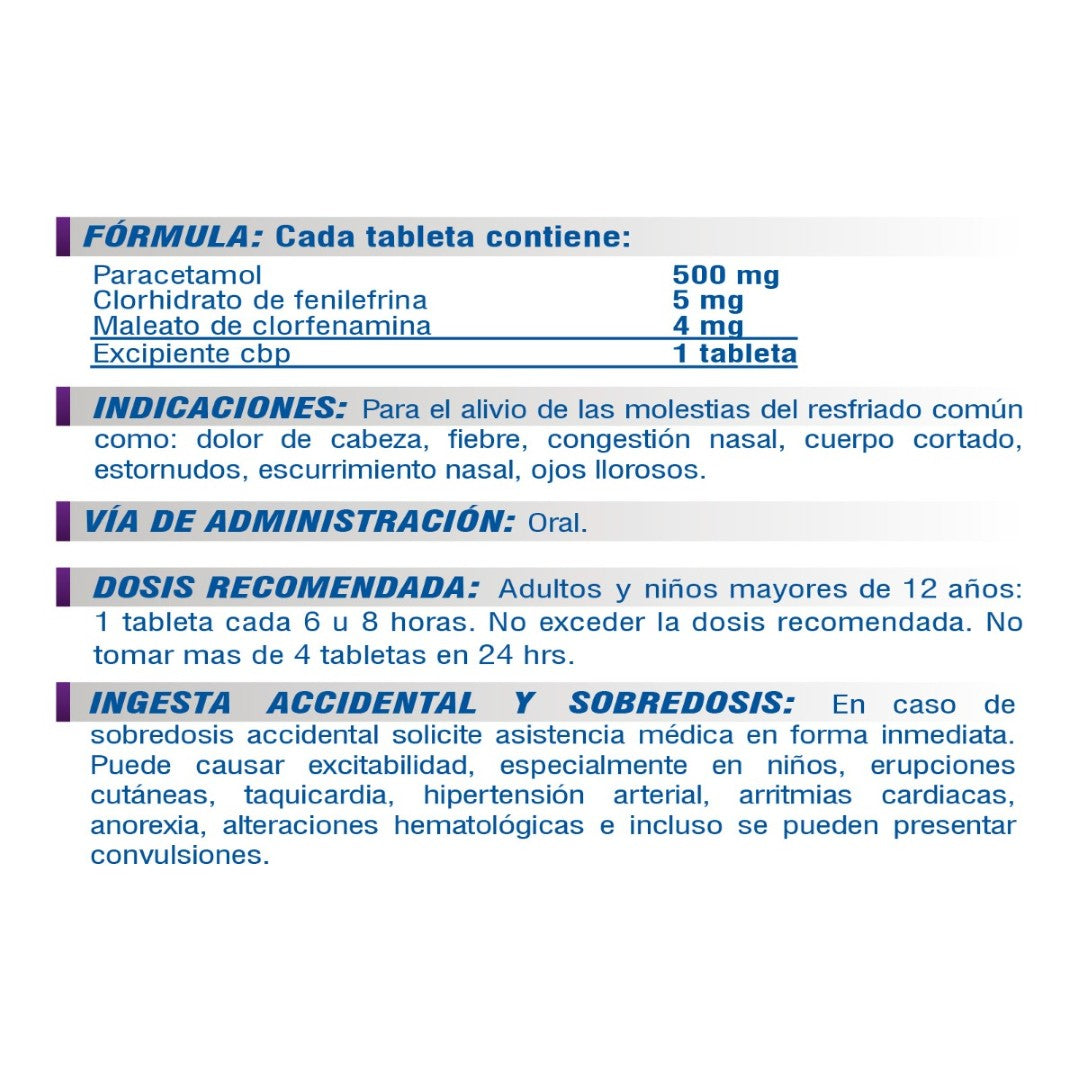Agrifen (Paracetamol,Fenilefrina, Clorfenamina) Noche 500/5/4 Mg Con 10 Tabletas