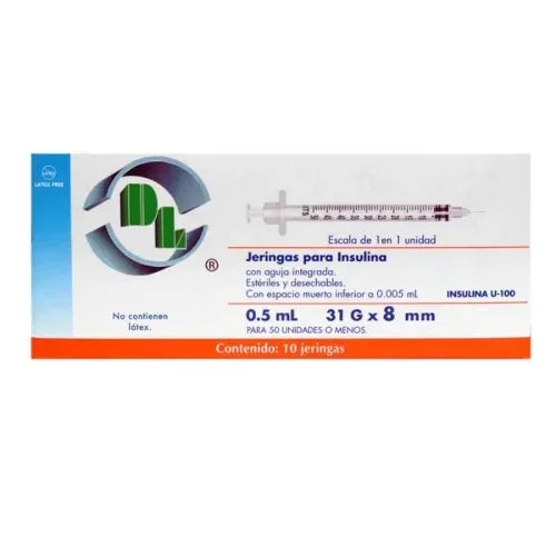 Jeringa 0.5 Ml Dl Insulina 31 G X 8 Mm Con 10 Piezas