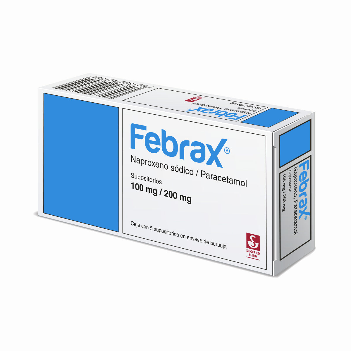 Febrax Niños 100 Mg  200 Mg - Caja Con 5 Supositorios Naproxeno Y Paracetamol 7501300407054