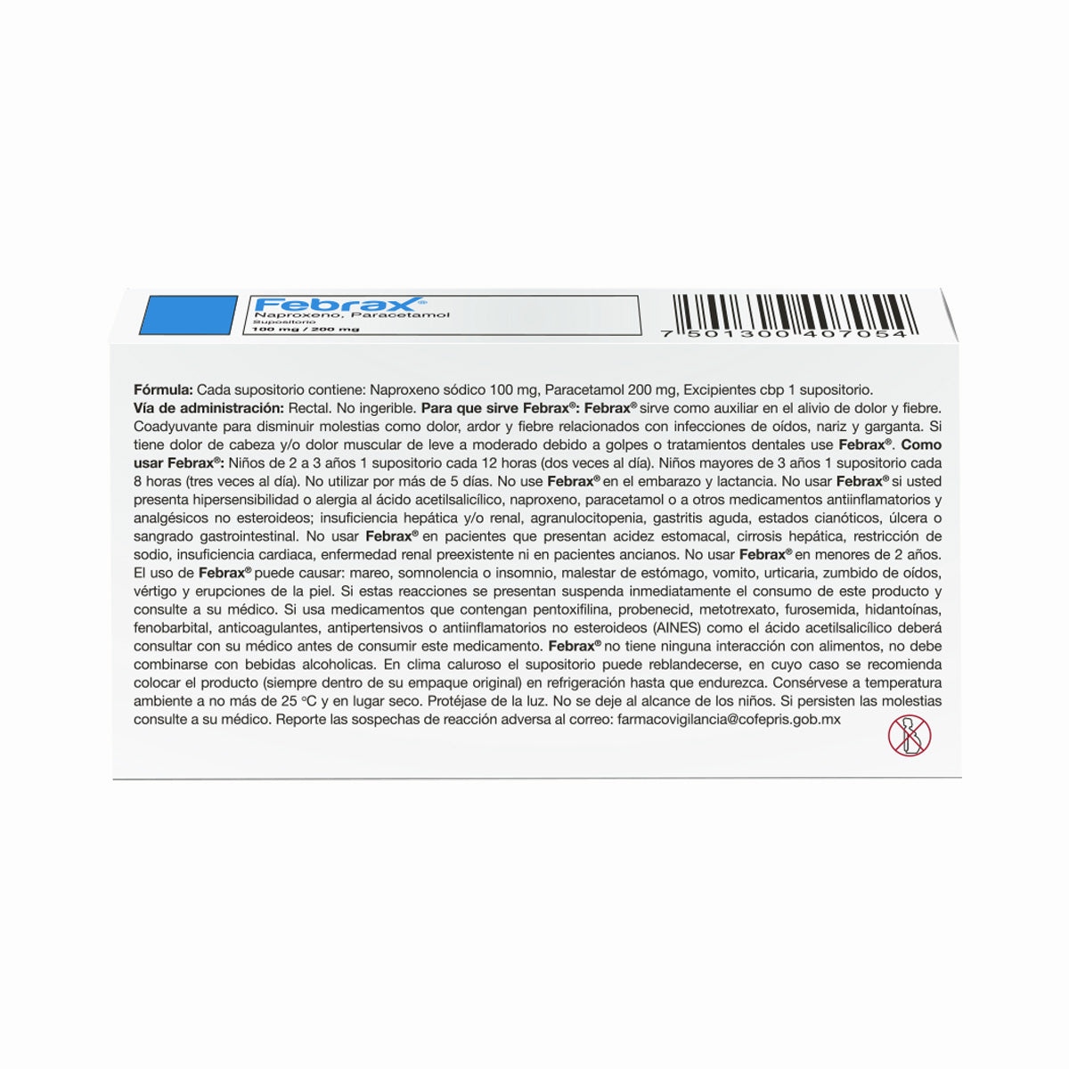 Febrax Niños 100 Mg  200 Mg - Caja Con 5 Supositorios Naproxeno Y Paracetamol 7501300407054