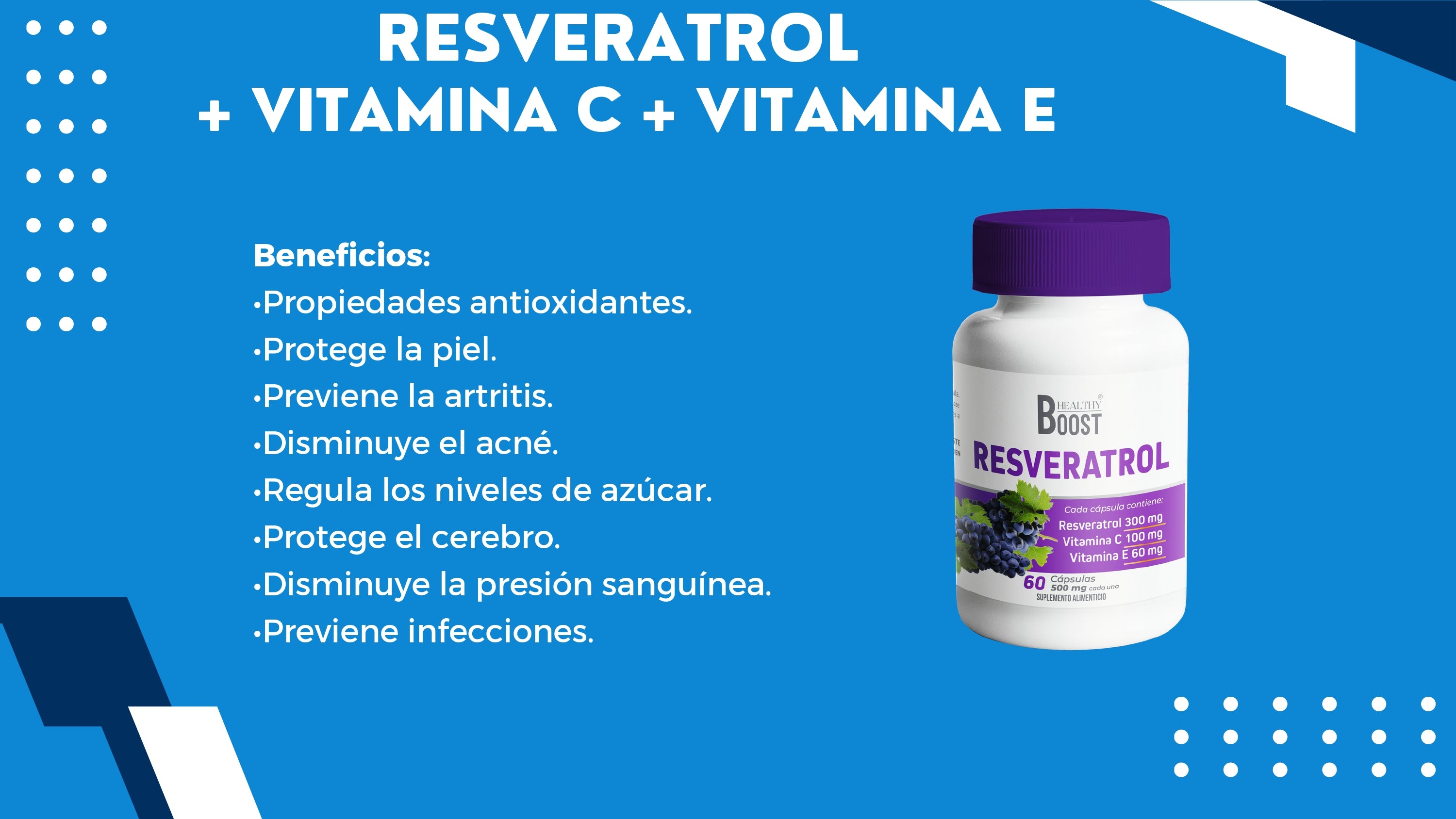 Resveratrol 300 Mg + Vitamina C+ Vitamina E Con 60 Capsulas Healthy Boost