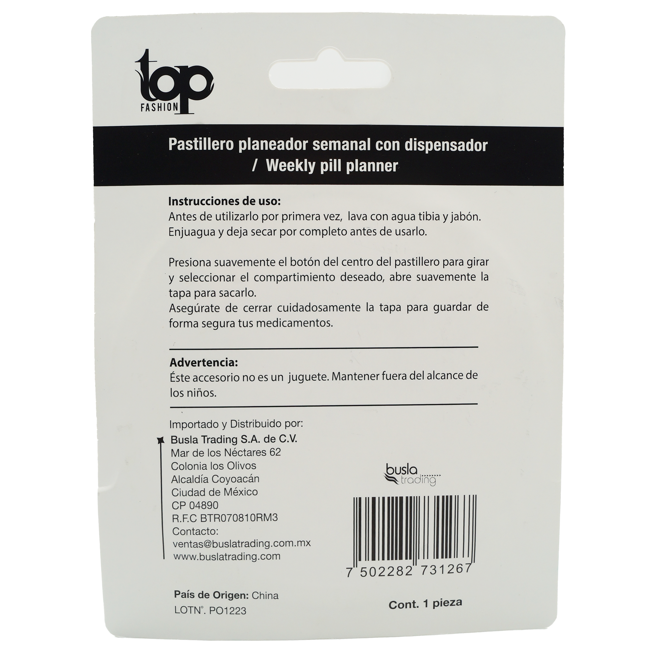 Pastillero Planeador Semanal Con Dispensador Top Fashion