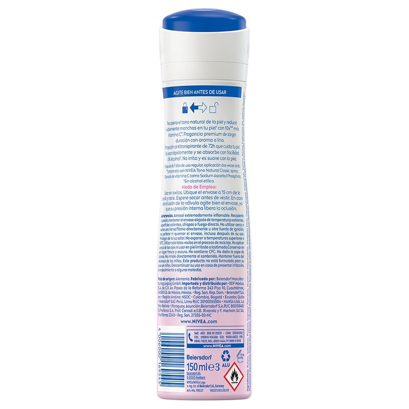 Desodorante Nivea Tono Natural 72 Horas Spray 150 Ml 4006000169545