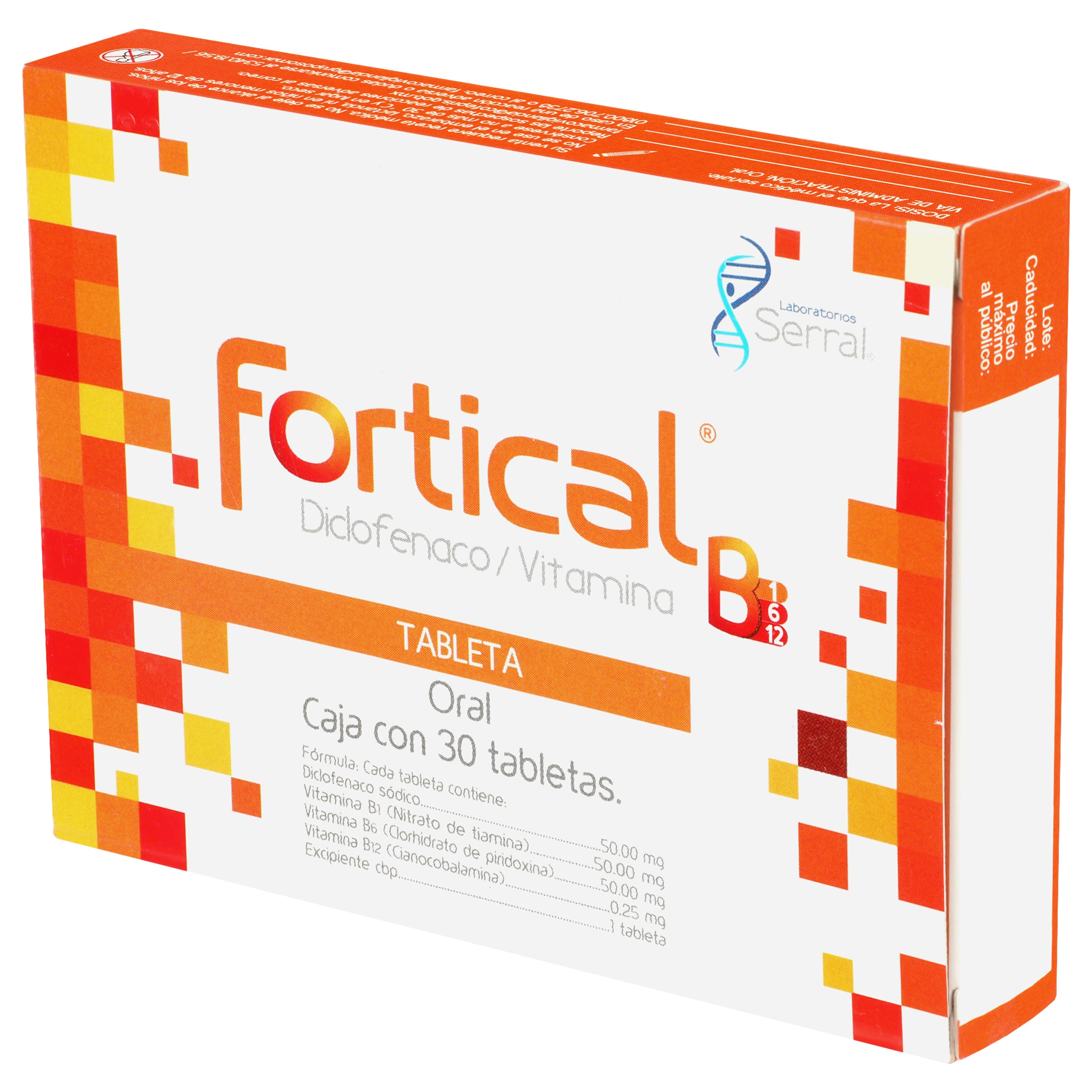 Fortical (Diclofenaco/Vitaminas) Con 30 Tabletas 7501258205092 costado 2