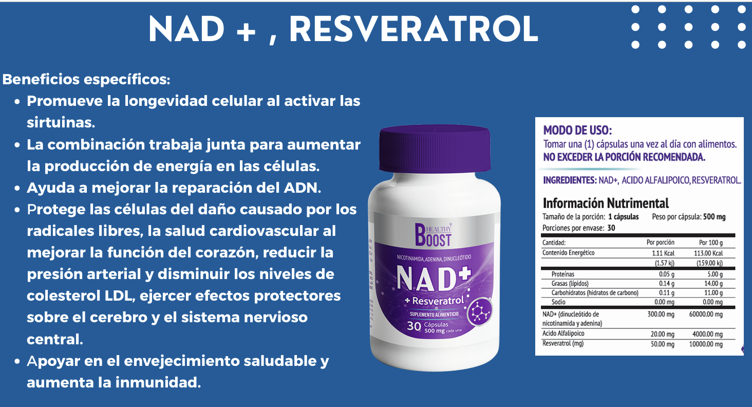 NAD+Resveratrol+ Nicotinamida+ Adenina+ Dinucleótido 500 Mg Con 30 Capsulas Healthy Boost