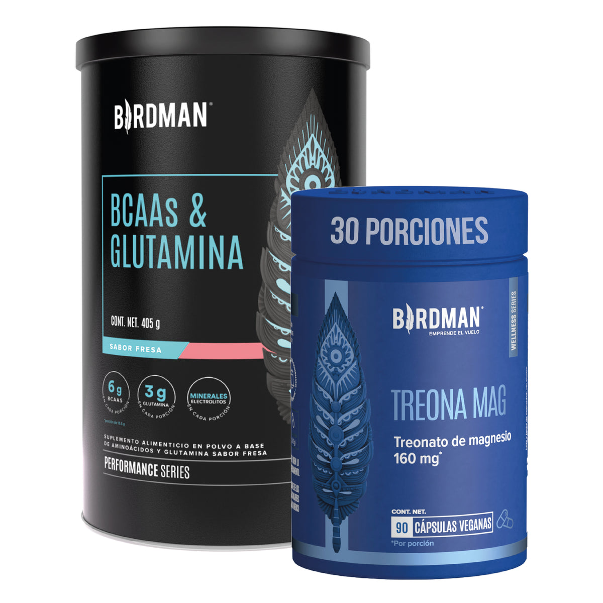 Pack Bcaa & Glutamina Fresa 405 G + Treona Magnesio Con 90 Capsulas Birdman