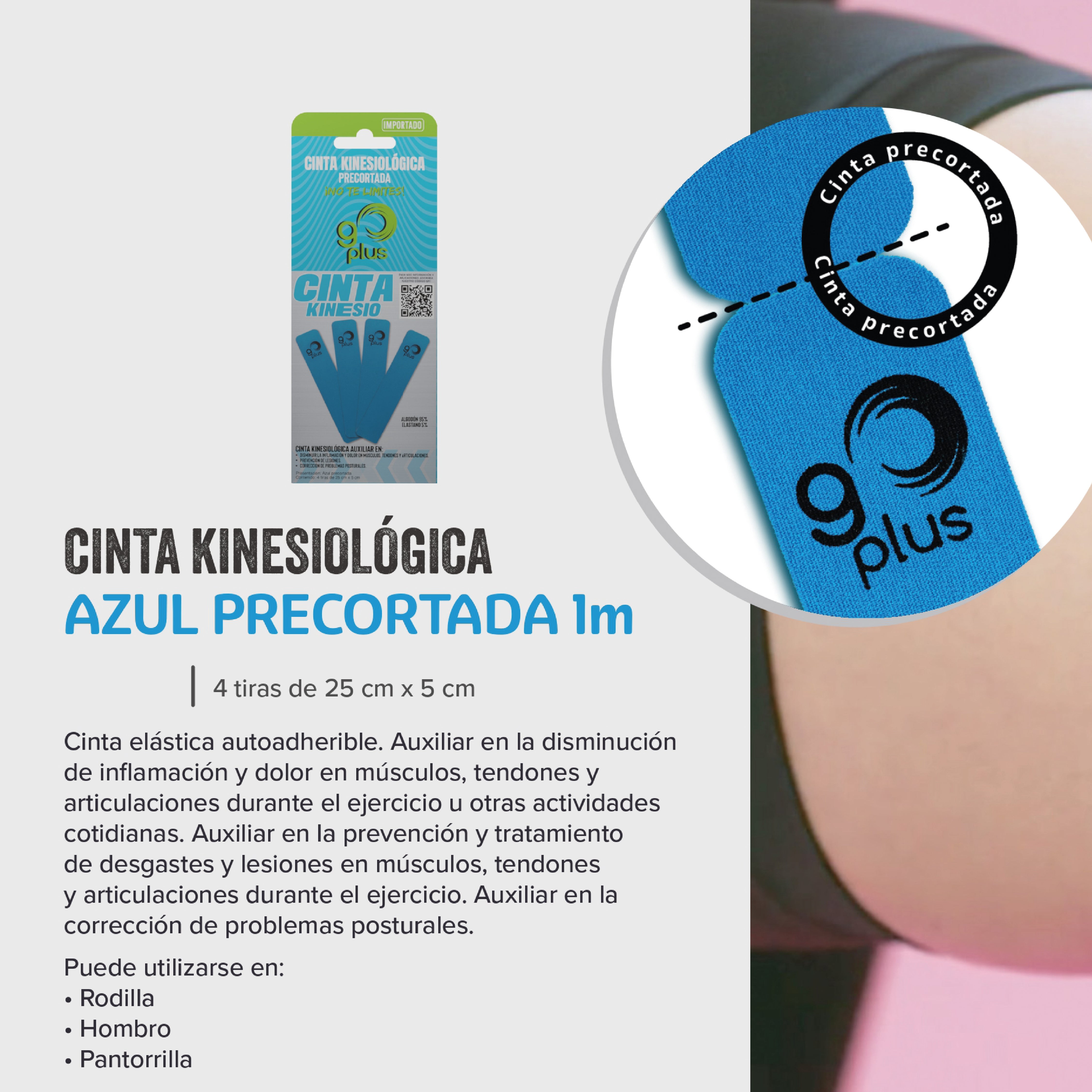 Cinta Kinesiologica Go Plus Azul Con 4 Tiras