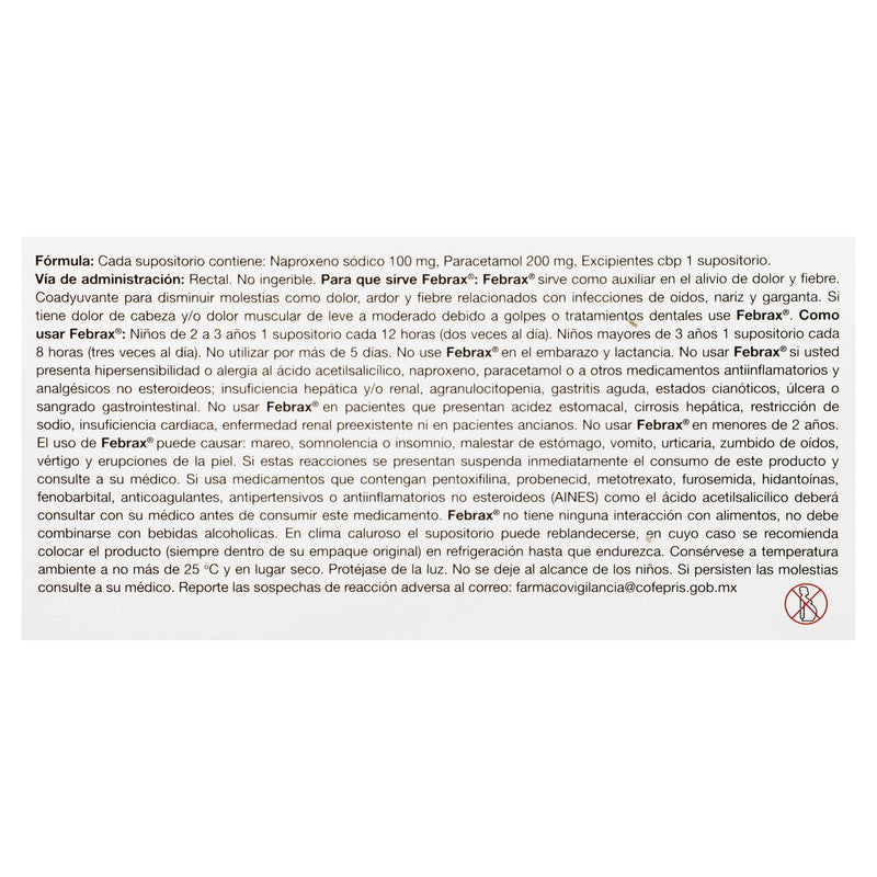 Febrax Niños 100 Mg / 200 Mg - Caja Con 5 Supositorios (Naproxeno Y Paracetamol)