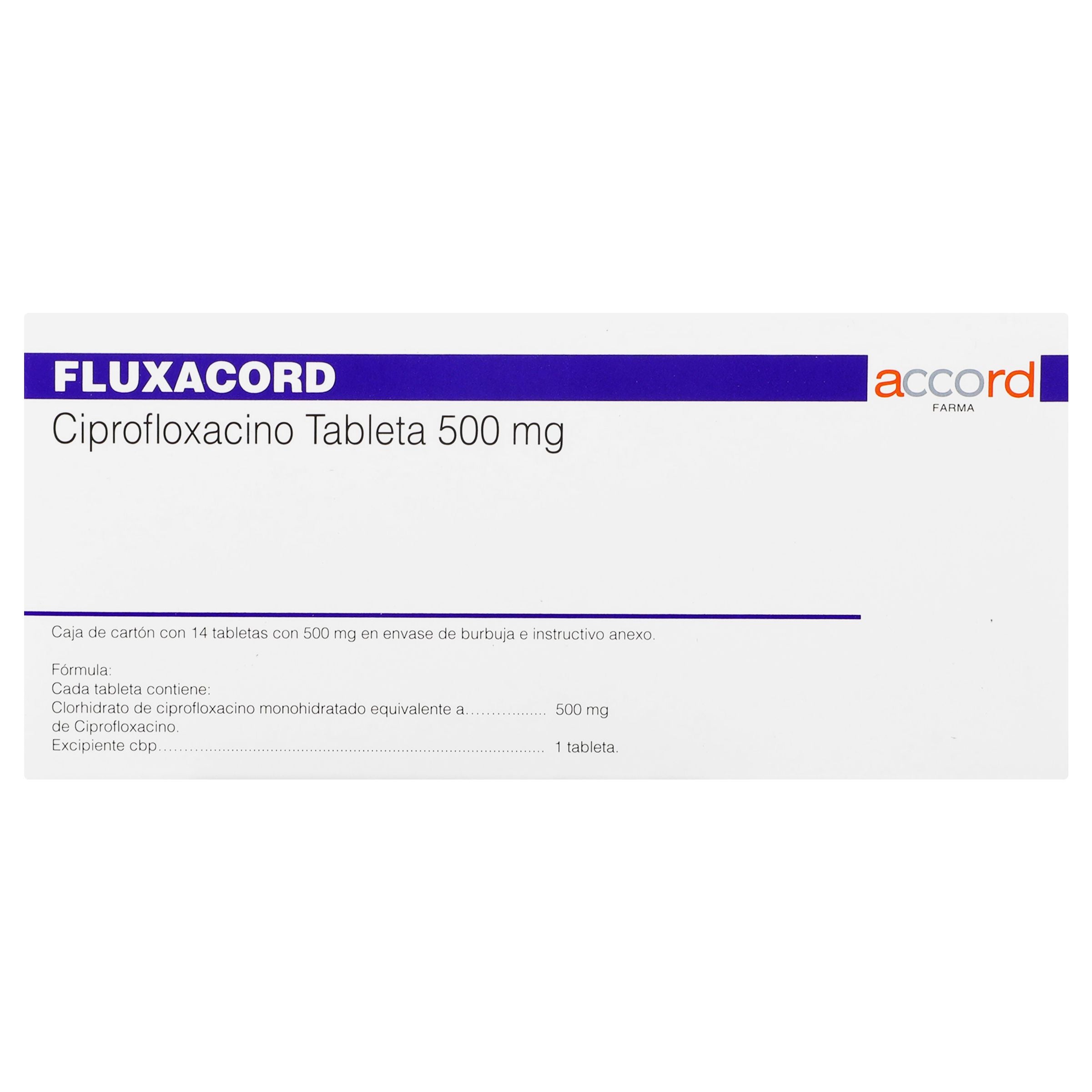 Fluxacord (Ciprofloxacino) 500 Miligramos C/14 Tabletas Dic23-Plvi 5%-6