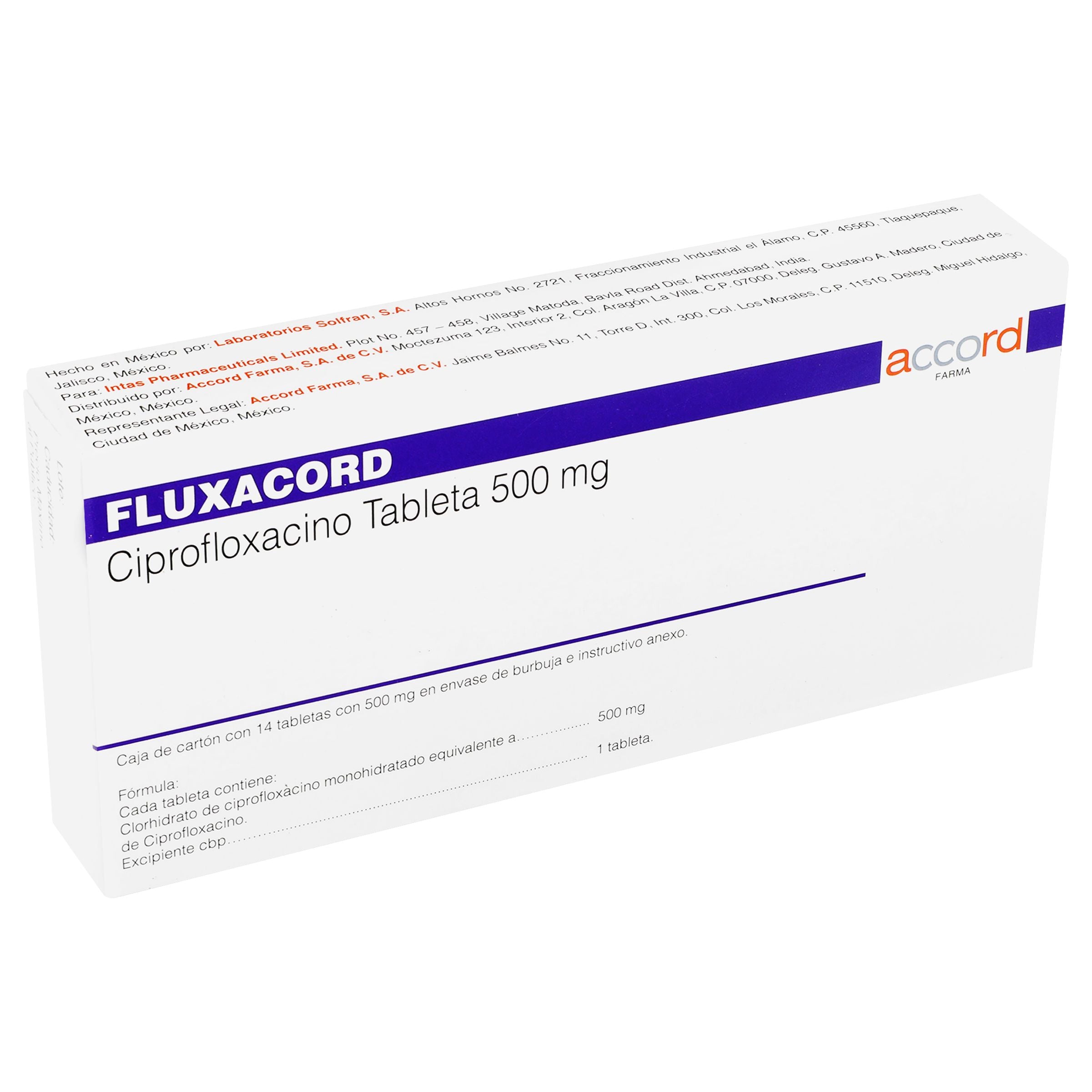 Fluxacord (Ciprofloxacino) 500 Miligramos C/14 Tabletas Dic23-Plvi 5%-2